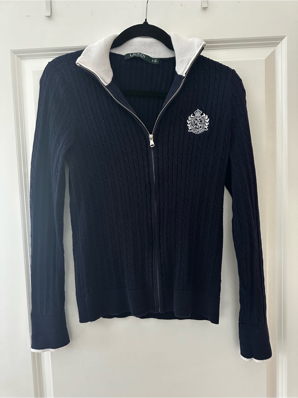 Ralph Lauren Navy Cable-Knit Zip Cardigan with White Accent Collar